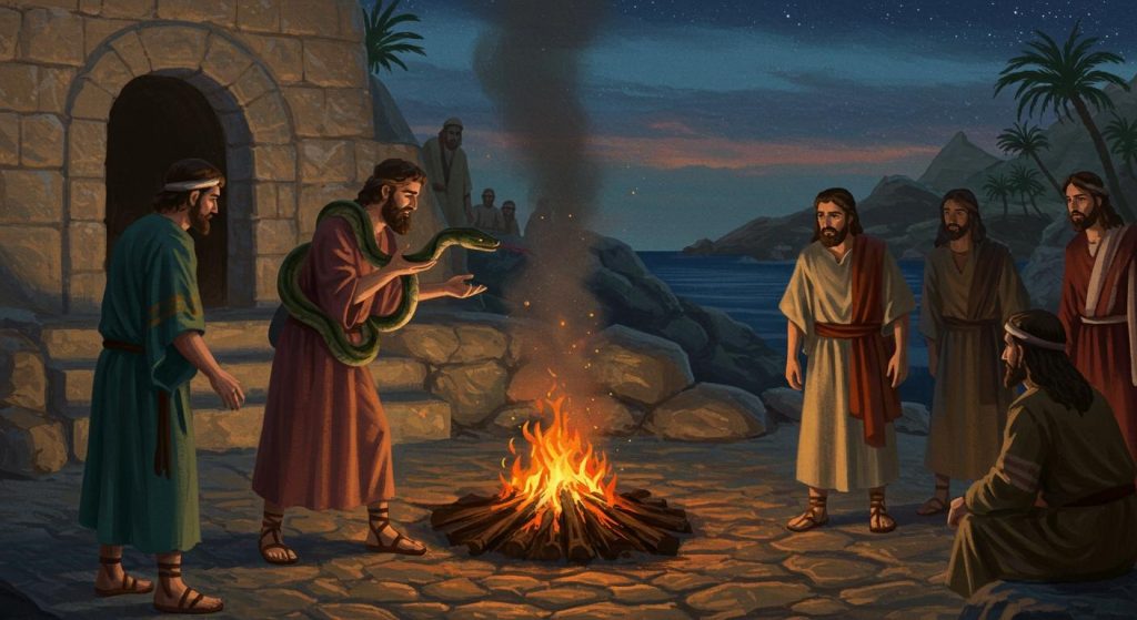 바울이 멜리데 섬에서 독사에 물리다 (사도행전 28장)