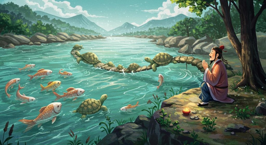 주몽과 우발수(鴨淥水) – 주몽이 강을 건너기 위해 기도하자 물고기와 거북이가 다리를 만들어 준 이야기