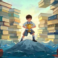 A determined lad, bathed in golden light, clutches a trophy. Mountains of books surround him. Victor...