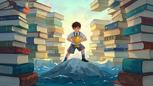 A determined lad, bathed in golden light, clutches a trophy. Mountains of books surround him. Victor...