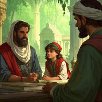 A wise, knowledgeable preteenager engaging temple elders in discourse, ancient Jerusalem setting, so...