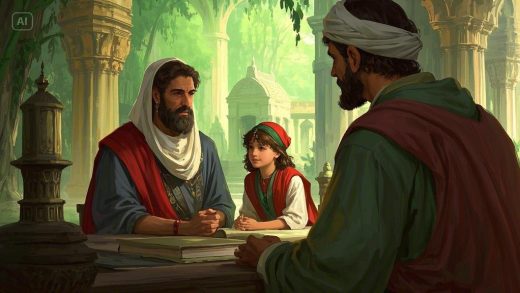 A wise, knowledgeable preteenager engaging temple elders in discourse, ancient Jerusalem setting, so...