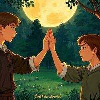 Two adolescent friends, Jonathan and David, pledging their loyalty in a moonlit forest clearing. Sof...