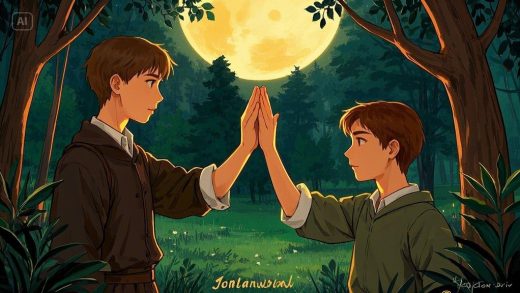Two adolescent friends, Jonathan and David, pledging their loyalty in a moonlit forest clearing. Sof...