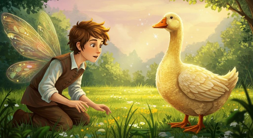 황금 거위 - 착한 소년이 황금 거위 덕분에 행운을 얻음