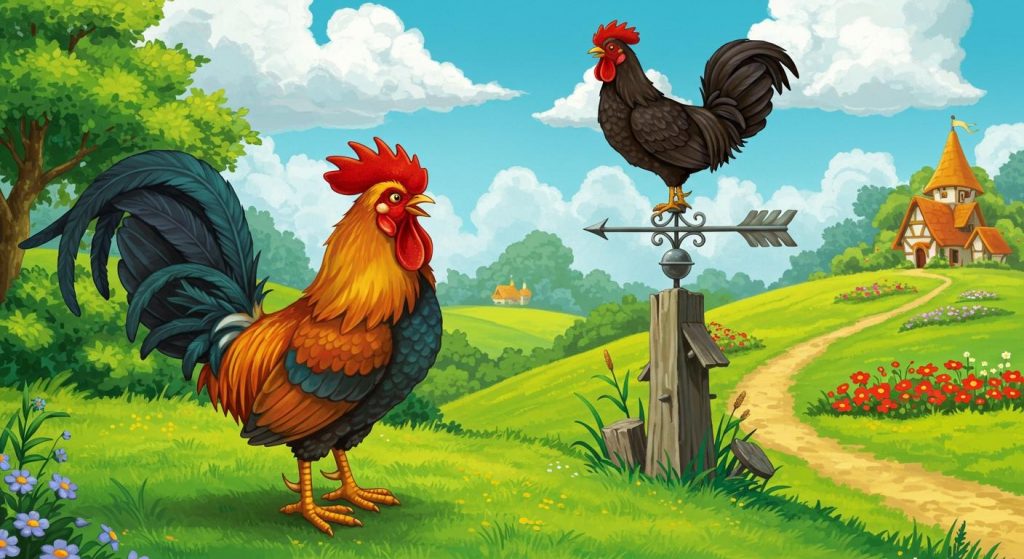 마당 수탉과 풍향계 수탉 - 자만심을 두고 다툼.