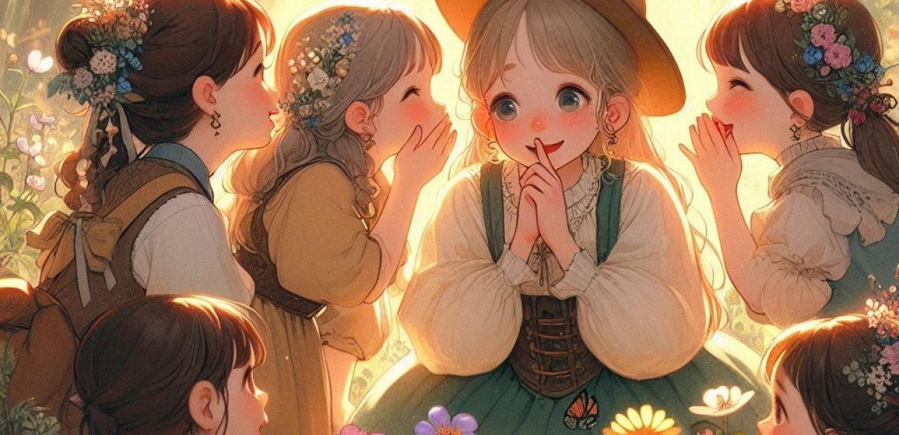 A group of smaller individuals in a sunlit meadow, sharing secrets, giggle and whispers, surrounded by wildflowers. Fairytale