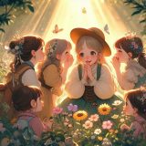 A group of smaller individuals in a sunlit meadow, sharing secrets, giggle and whispers, surrounded by wildflowers. Fairytale