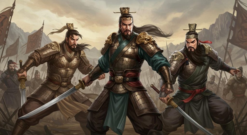 7. 삼영전여포 – 유비, 관우, 장비 세 형제가 여포와 맞서 싸움.