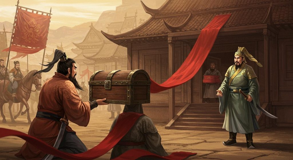 26. 천리주단 – 관우가 조조의 은혜에 보답하려 붉은 비단을 보내줌.