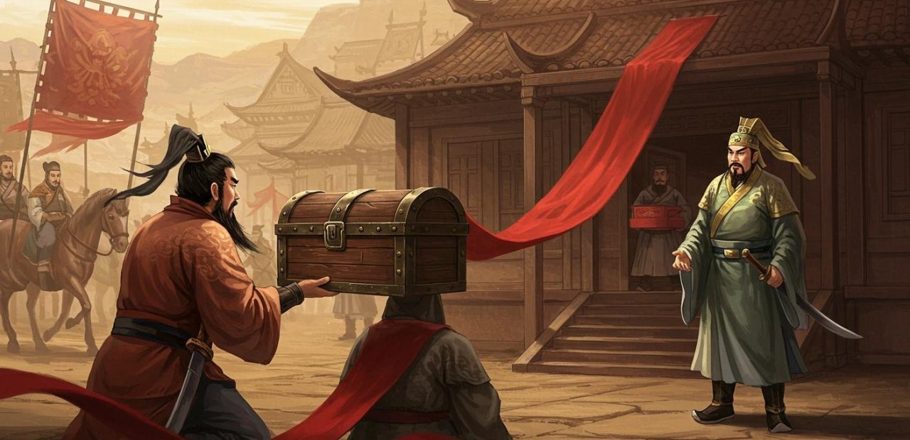 26. 천리주단 – 관우가 조조의 은혜에 보답하려 붉은 비단을 보내줌.
