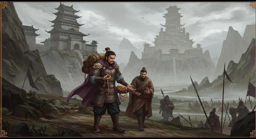 48. 유비의 백제성 퇴각 – 패배 후 뇌물에 의존하며 도망.