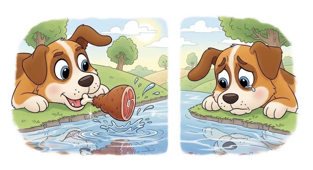 욕심에 눈먼 개, 고기 잃고 후회만